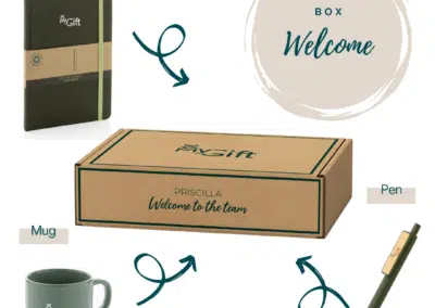 A welcome pack for company's onboardings with a pen, a mug & a custom notebook