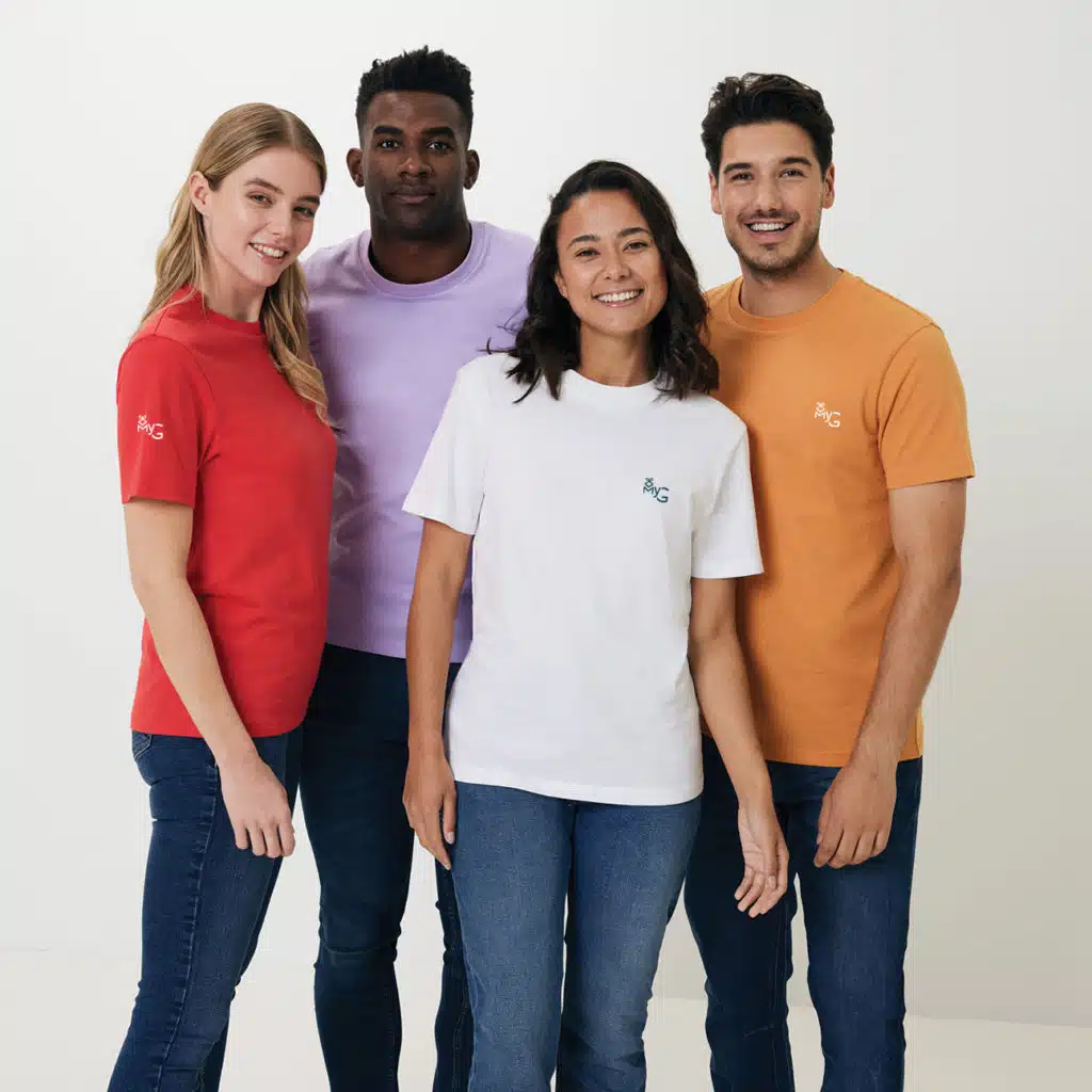 Plusieurs t-shirts promotionnels de différentes couleurs avec logo à personnaliser pour entreprise