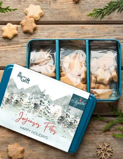 Boîte de biscuit publicitaire personnalisée composée de petits sablés made in suisse