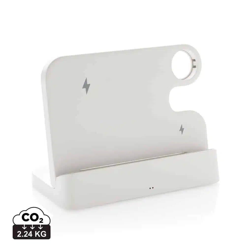 chargeurs_sans_fil_durables_xd_collection_abs_recyclé_blanc Joltz RCS recycled plastic dual 15W charger with iWatch slot - Image 1
