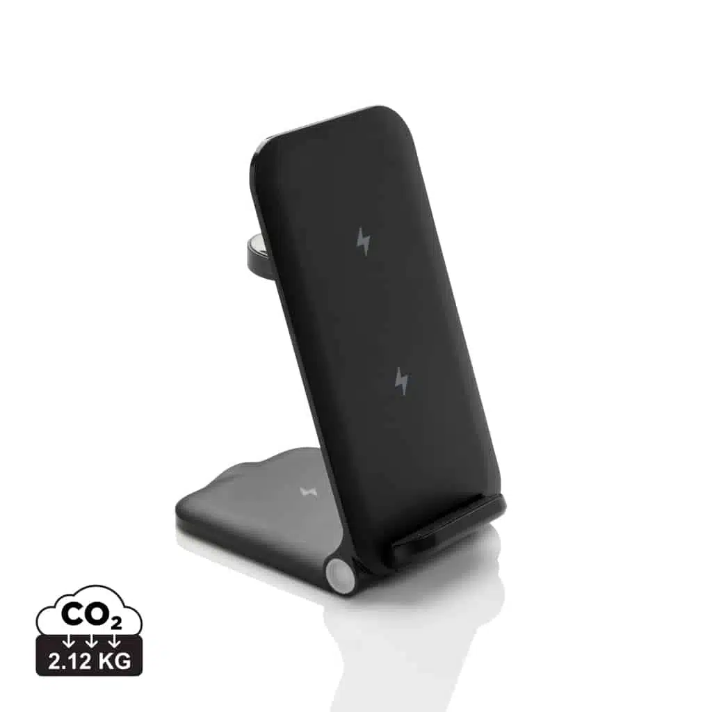 chargeurs_sans_fil_durables_xd_collection_abs_recyclé_noir Chargeur 15W 3 en 1 en plastique recyclé RCS Powerpal – Image 1