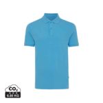 Polos unisexes durables couleur tranquil blue en 50% recyclé et 50% organiquede la marque iqoniq