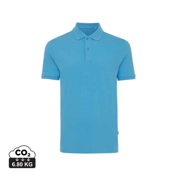 Polos unisexes durables couleur tranquil blue en 50% recyclé et 50% organiquede la marque iqoniq