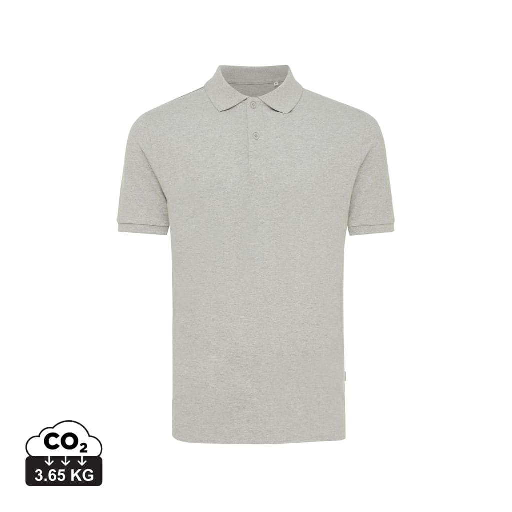 polos_unisexes_durables_iqoniq_50%_recyclé_et_50%_organique_heather_grey Polos unisexes durables couleur heather grey en 50% recyclé et 50% organiquede la marque iqoniq