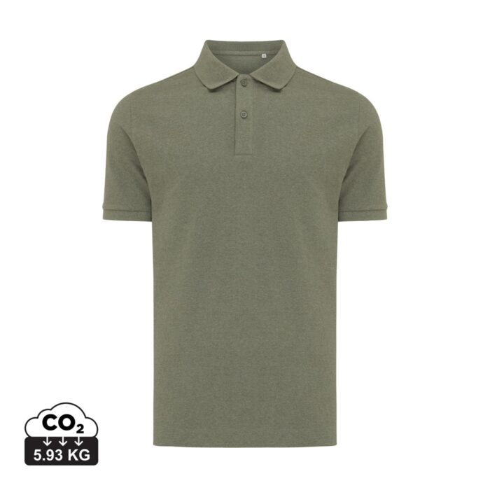 Polos unisexes durables couleur heather green en 50% recyclé et 50% organiquede la marque iqoniq