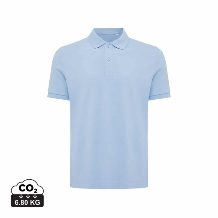 Polos unisexes durables couleur sky blue en 50% recyclé et 50% organiquede la marque iqoniq