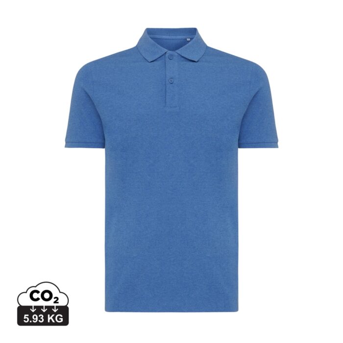 Polos unisexes durables couleur heather blue en 50% recyclé et 50% organiquede la marque iqoniq