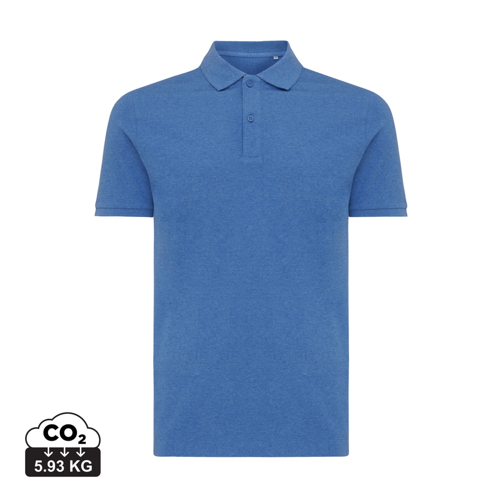 polos_unisexes_durables_iqoniq_50%_recyclé_et_50%_organique_heather_blue Polos unisexes durables couleur heather blue en 50% recyclé et 50% organiquede la marque iqoniq