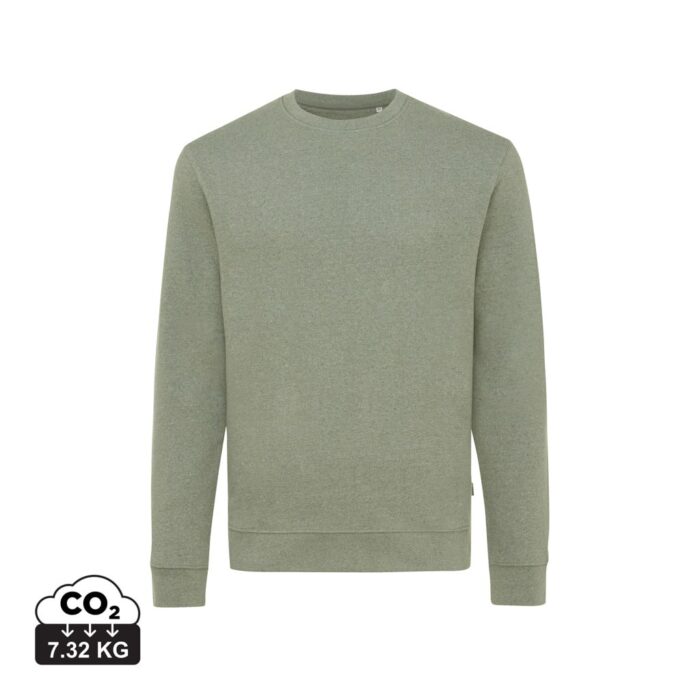 Sweatshirts unisexes durables couleur heather green en 50% recyclé et 50% organiquede la marque iqoniq
