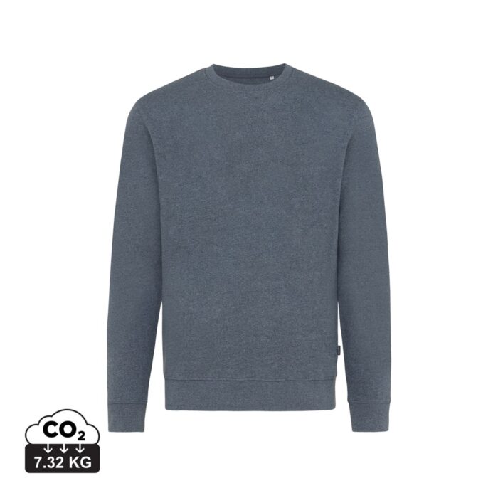 Sweatshirts unisexes durables couleur heather navy en 50% recyclé et 50% organiquede la marque iqoniq