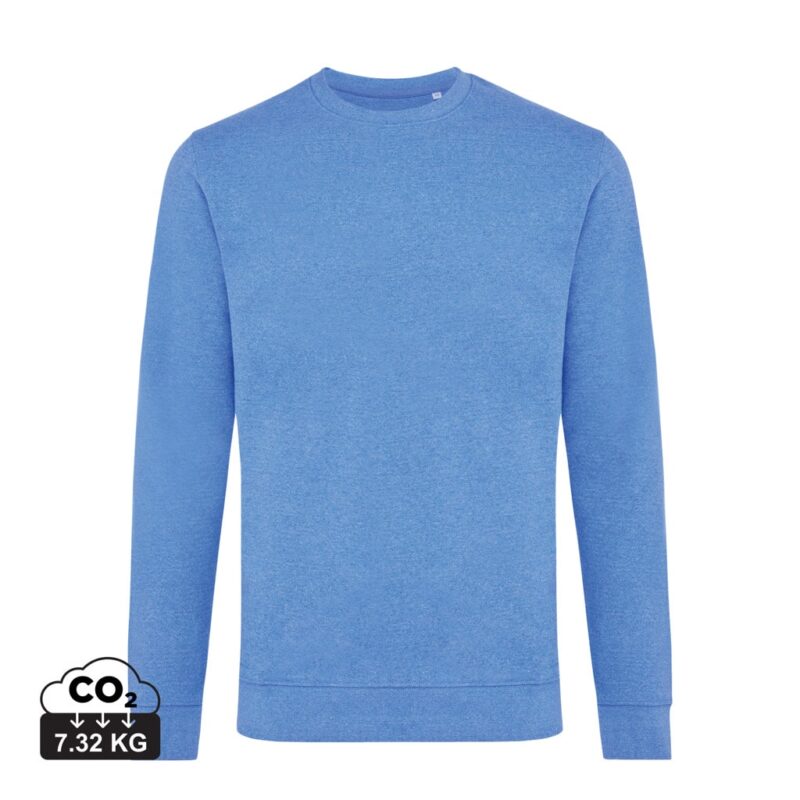 Sweatshirts unisexes durables couleur heather blue en 50% recyclé et 50% organiquede la marque iqoniq
