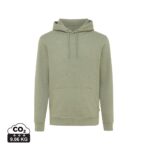 Sweatshirts unisexes durables couleur heather green en 50% recyclé et 50% organiquede la marque iqoniq