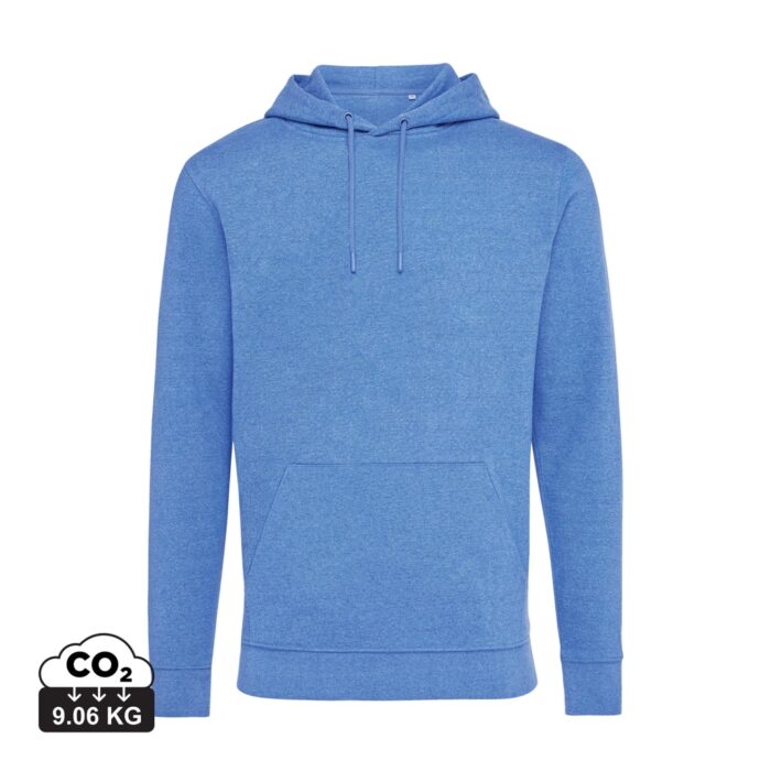 Sweatshirts unisexes durables couleur heather blue en 50% recyclé et 50% organiquede la marque iqoniq