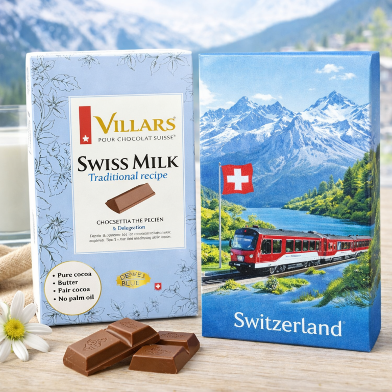Small Villars milk chocolate bar with sleeve Swiss Made